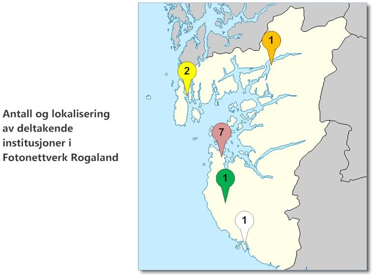 Antall og lokalisering av deltakende institusjoner i Fotonettverk Rogaland. Kartgrunnlag: Modified by Frokor (http://www.maps-for-free.com/), via Wikimedia Commons. Tilrettlegging: Fotonettverk Rogaland.