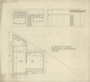 Arkitekttegning av bensinstasjon i Kongsgata 48 Utvidelse Fasade Plansnitt